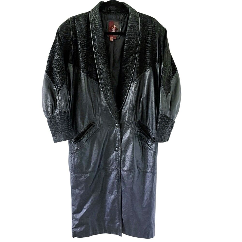 Black Leather Duster Trench Coat Womens M Global Identity G-III Alligator Print